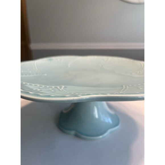 Maioliche Jessica Italy Ceramic Cake Stand Blue Scalloped Pedestal 10.75” - Picture 3 of 15